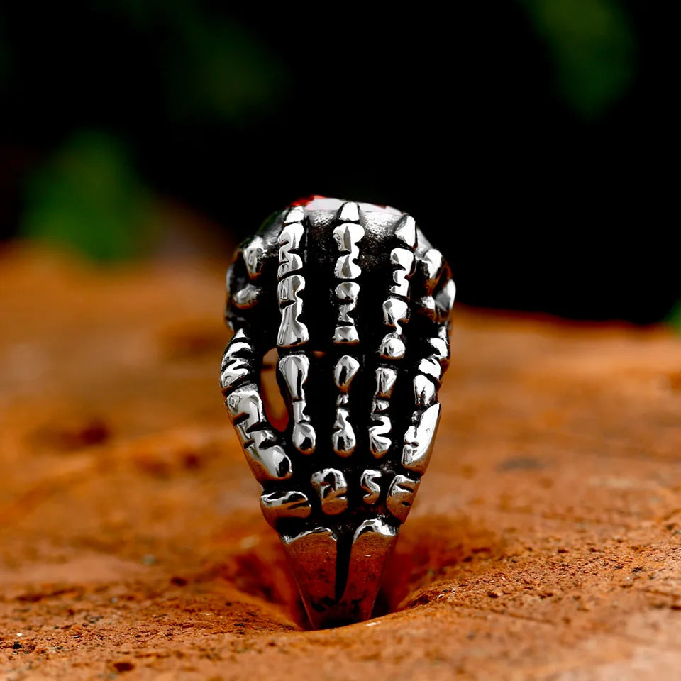 BEIER 2023 Updated 316L Stainless Steel  Skull Hand Bones Ring Paw Ring With Red Stone Punk Biker Jewelry Wholesale Gift