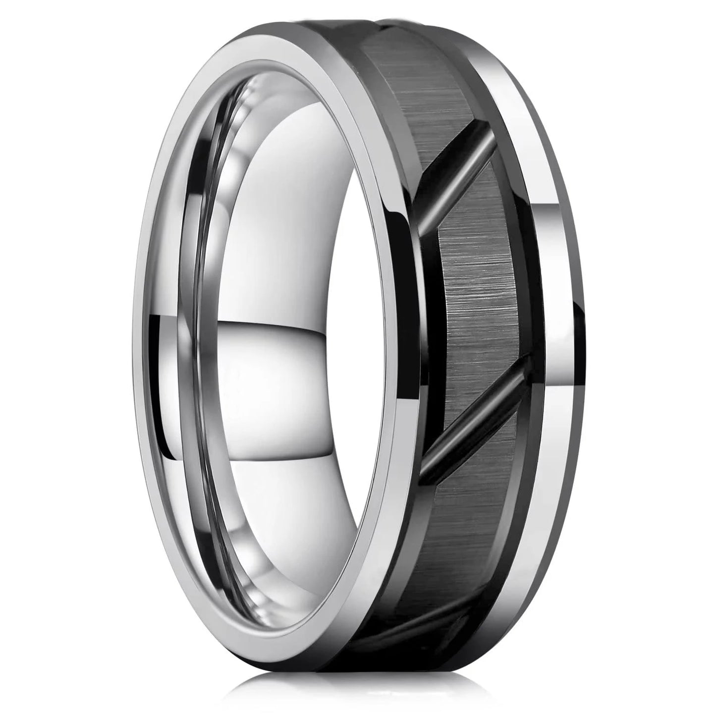 Fashio Men Rings Black Titanium Stainless Steel Rings For Men Women Brick Pattern Finish Beveled Edge Wedding Ring Party Jewelry