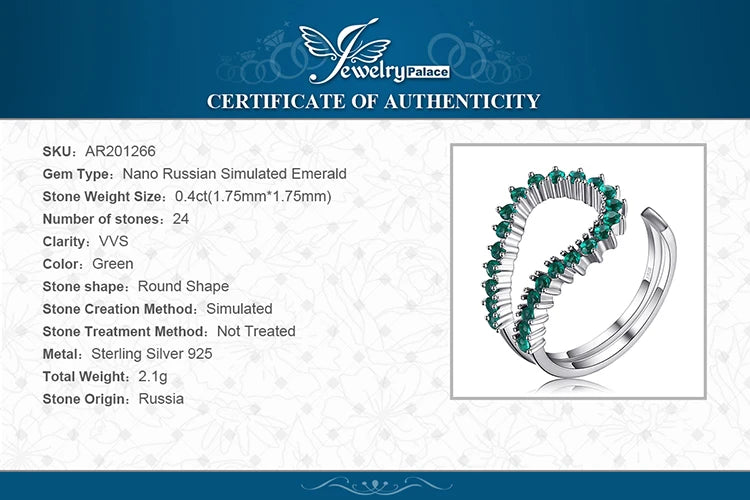 JewelryPalace Simulated Nano Emerald 925 Sterling Silver Open Adjustable Ring for Women Statement Green Gemstone Fine Jewelry