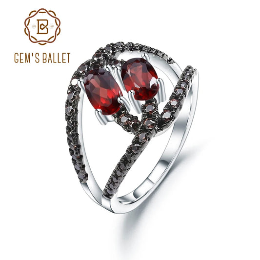 GEM'S BALLET 1.44Ct Oval Natural Red Garnet Split Band Swirl in 925 Sterling Silver Gemstone Ring For Women Wedding Fine Jewelry