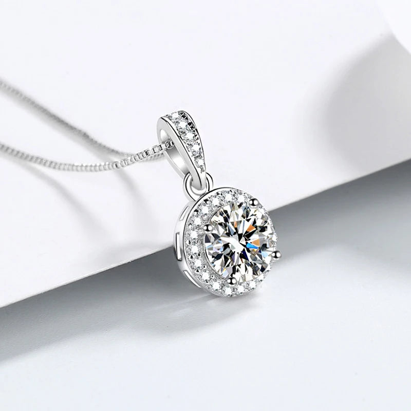 New Women 925 Sterling Silver Jewelry Zircon Fine Round Pendant Necklace Fashion Rhinestone CZ Clavicle Chain Neck Birthday Gift