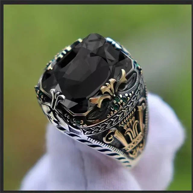 New Retro Handmade Turkish Rings for Men Vintage Double Swords Black Zircon Rings Punk 2024 Trendy Islamic Religious Muslim
