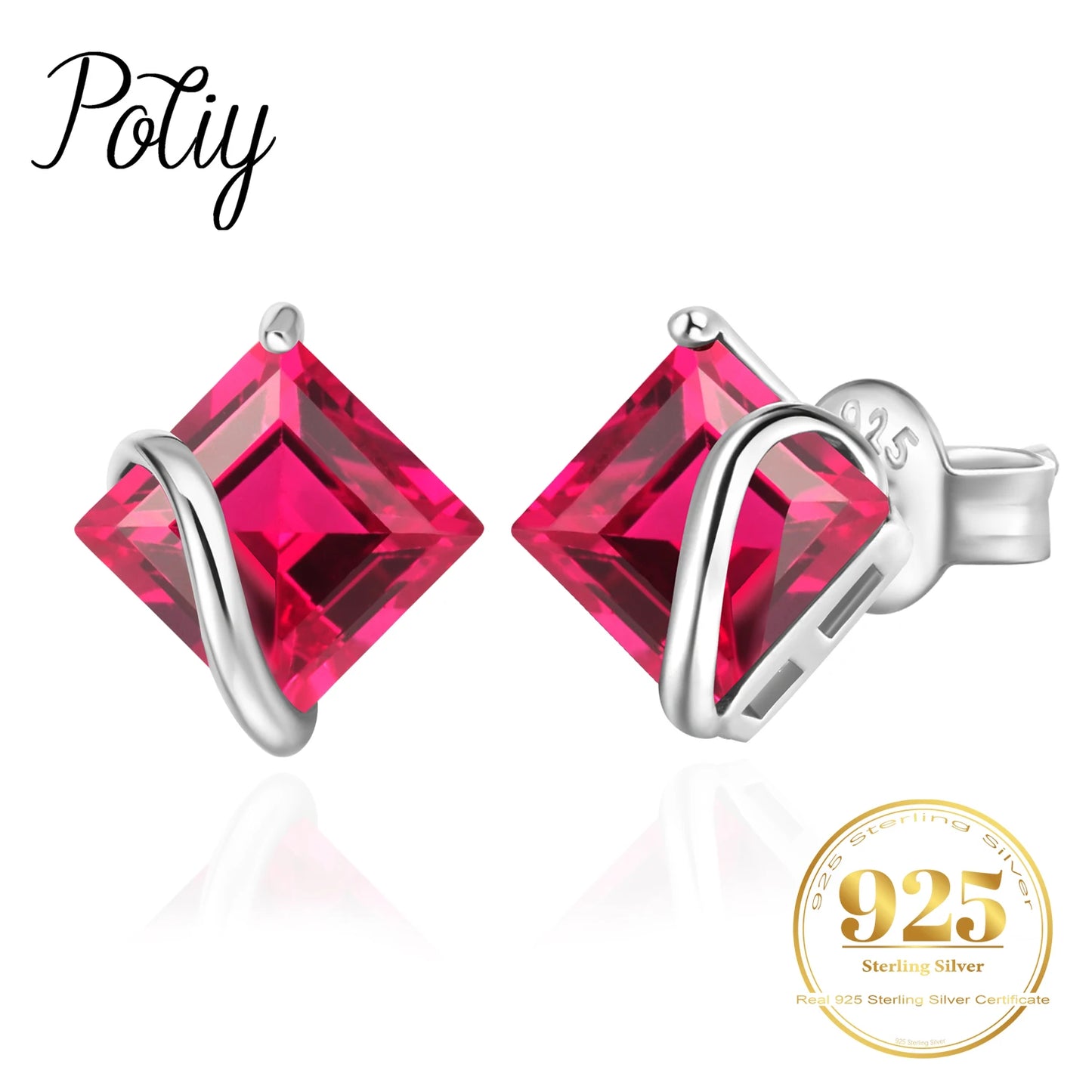 Potiy Square Red Created Ruby 925 Sterling Silver Stud Earrings for Women Fashion Gemstone Daily Jewelry valentines day gift CHINA