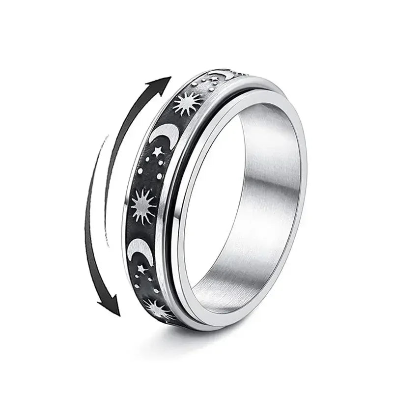 Vintage Stainless Steel Sun Moon Star Rotating Spinning Wedding Promise Anniversary Statement Band Ring Jewelry