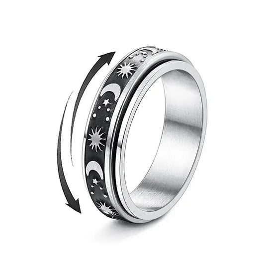 Vintage Stainless Steel Sun Moon Star Rotating Spinning Wedding Promise Anniversary Statement Band Ring Jewelry