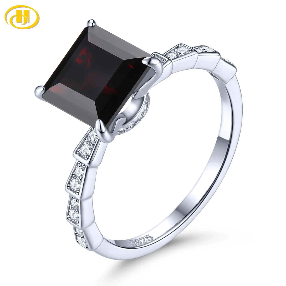 Natural Black Garnet Sterling Silver Rings 1.2 Carats Genuine Gemstone Square Classic Fine Jewelry S925 Anniversary Christmas