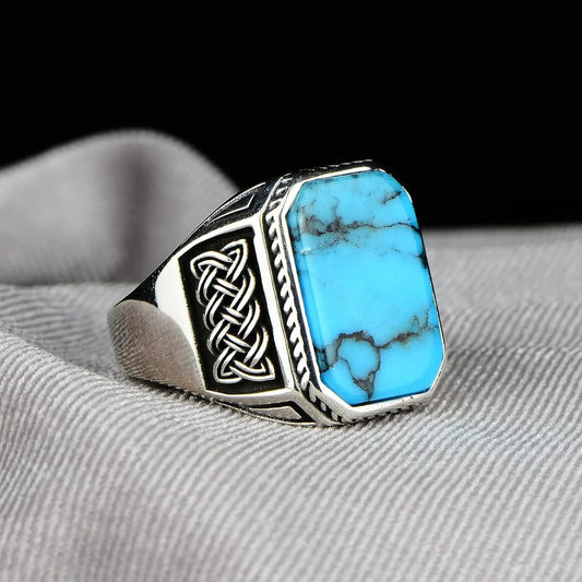 Vintage Turkish Handmade Ottoman Signet Ring For Men Women Ancient Silver Color Synthetic Turquoise Ring Retro Arabic Jewelry