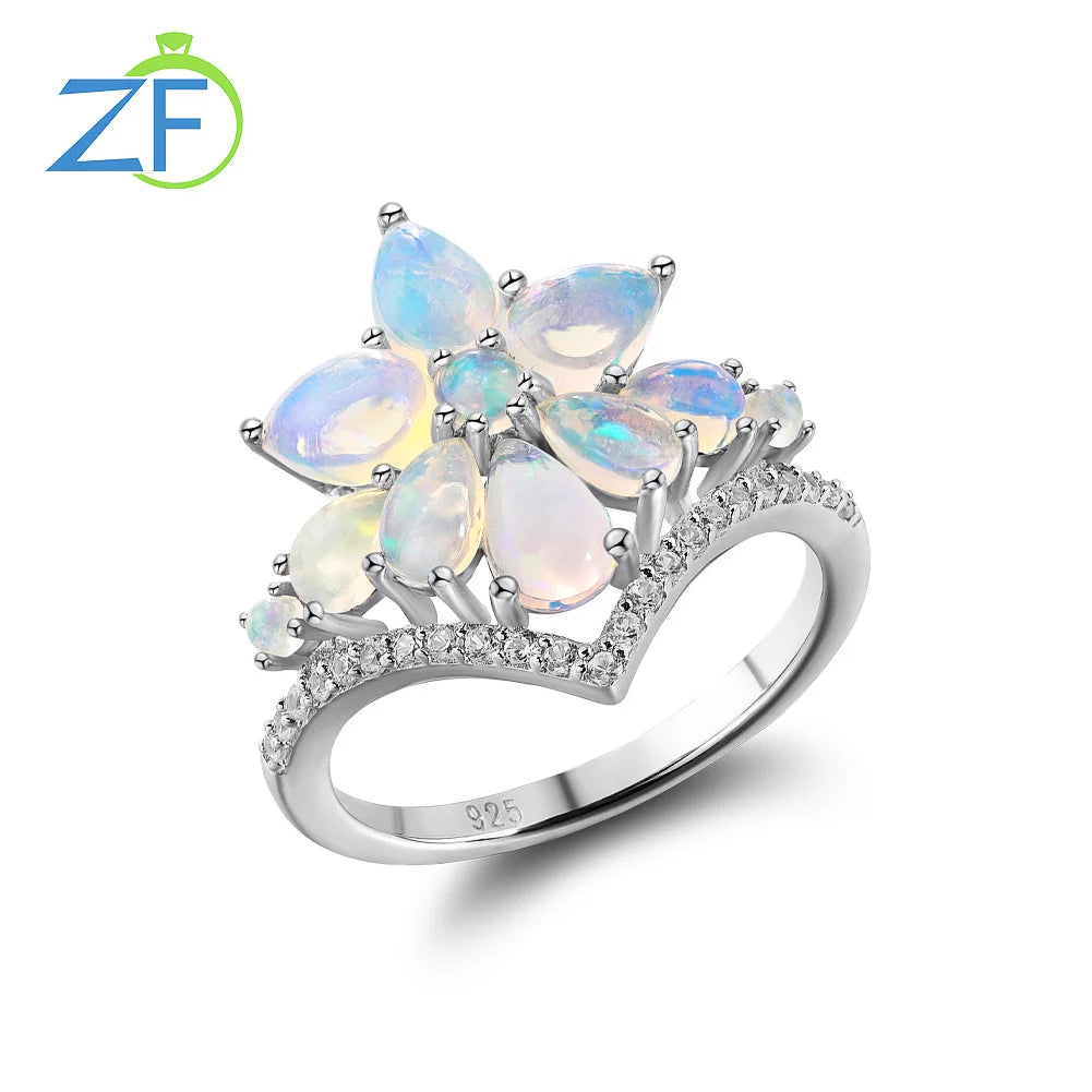 GZ ZONGFA Genuine Natural Opal Ring 925 Sterling Silver for Women Gemstone Custom Flower Engagement Ring Fashion Fine Jewelry Rhodium Plated Opal