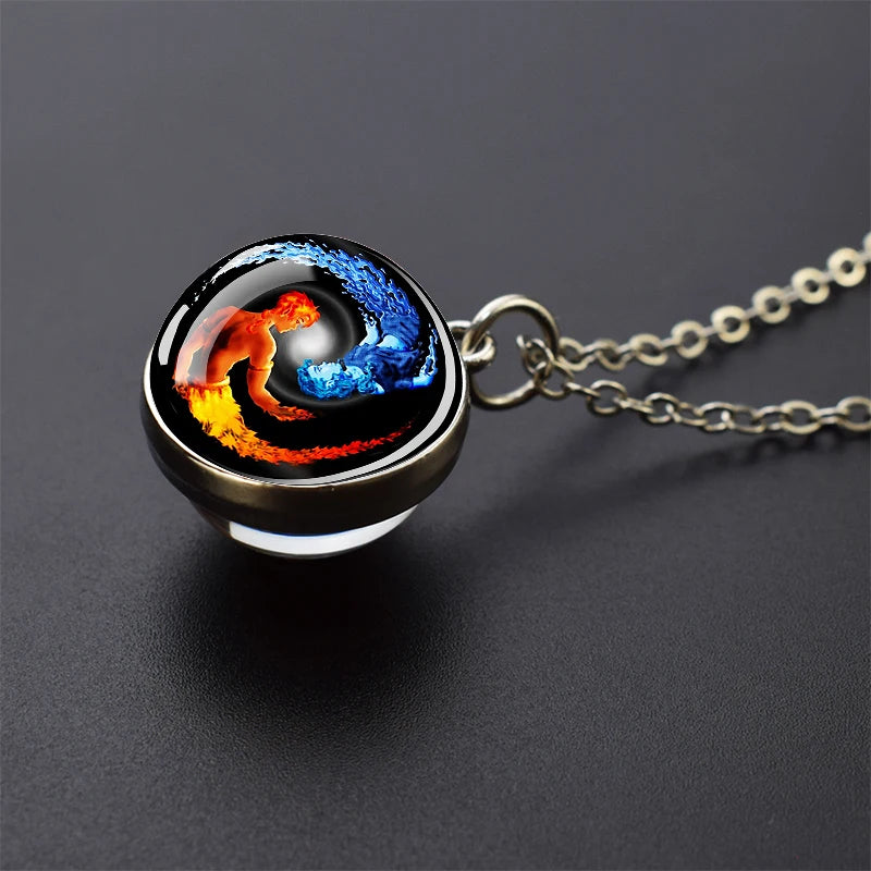 Ice and Fire Phoenix Yin Yang Aurora Necklaces Double Sided Glass Ball Pendant Fashion Chains Necklace Women Men Cool Jewelry