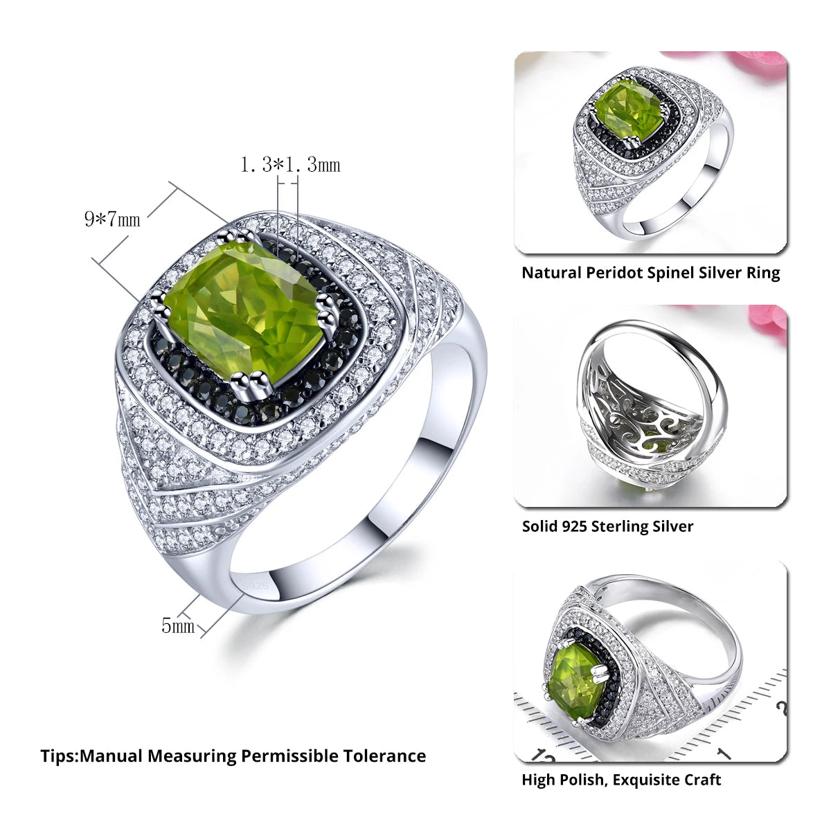 Natural Peridot Black Spinel Solid Sterling Silver Rings Unisex Style 3.2 Carats Genuine Gemstone Original Design Anniversary