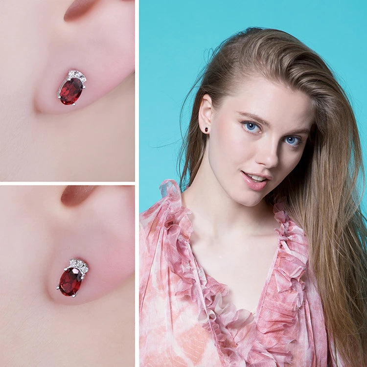 JewelryPalace Oval Red Genuine Natural Garnet 925 Sterling Silver Stud Earrings for Women Fashion Statement Gemstone Jewelry