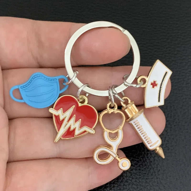 Medical Tool Doctor Keychain Heartbeat Stethoscope Syringe Nurse Cap Key Ring Nurse Gifts Handmade Jewelry Bag Ornaments Charm 5-BU