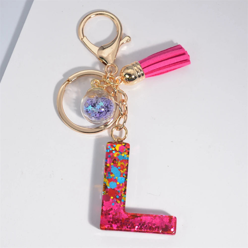 Colorful Letter Keychain Pendant Glitter Sequin Resin Key Chain Tassel Charms With Ball Keyring Jewelry For Women Bag Ornaments L
