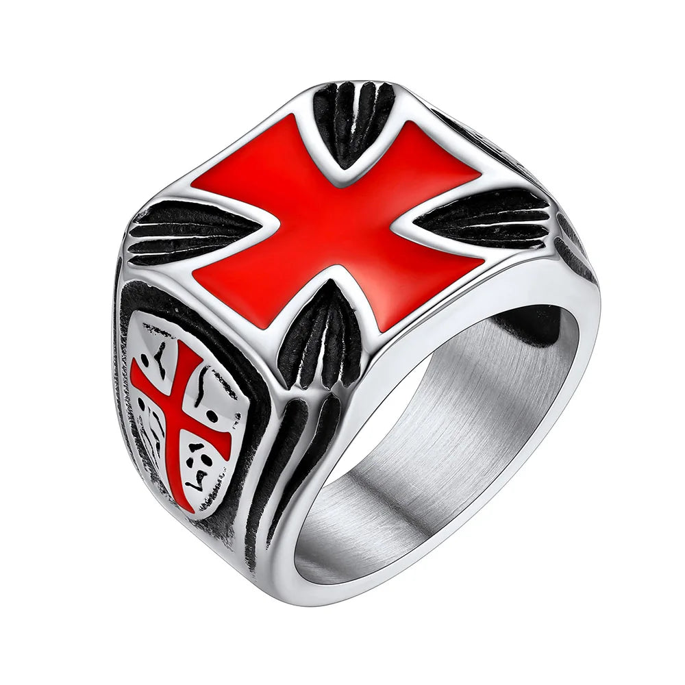 U7 Stainless Steel Square Knight Templar Rings Black Red Glaze Cross The Temple of Solomo Signet Ring Vintage Style Jewelry Gift
