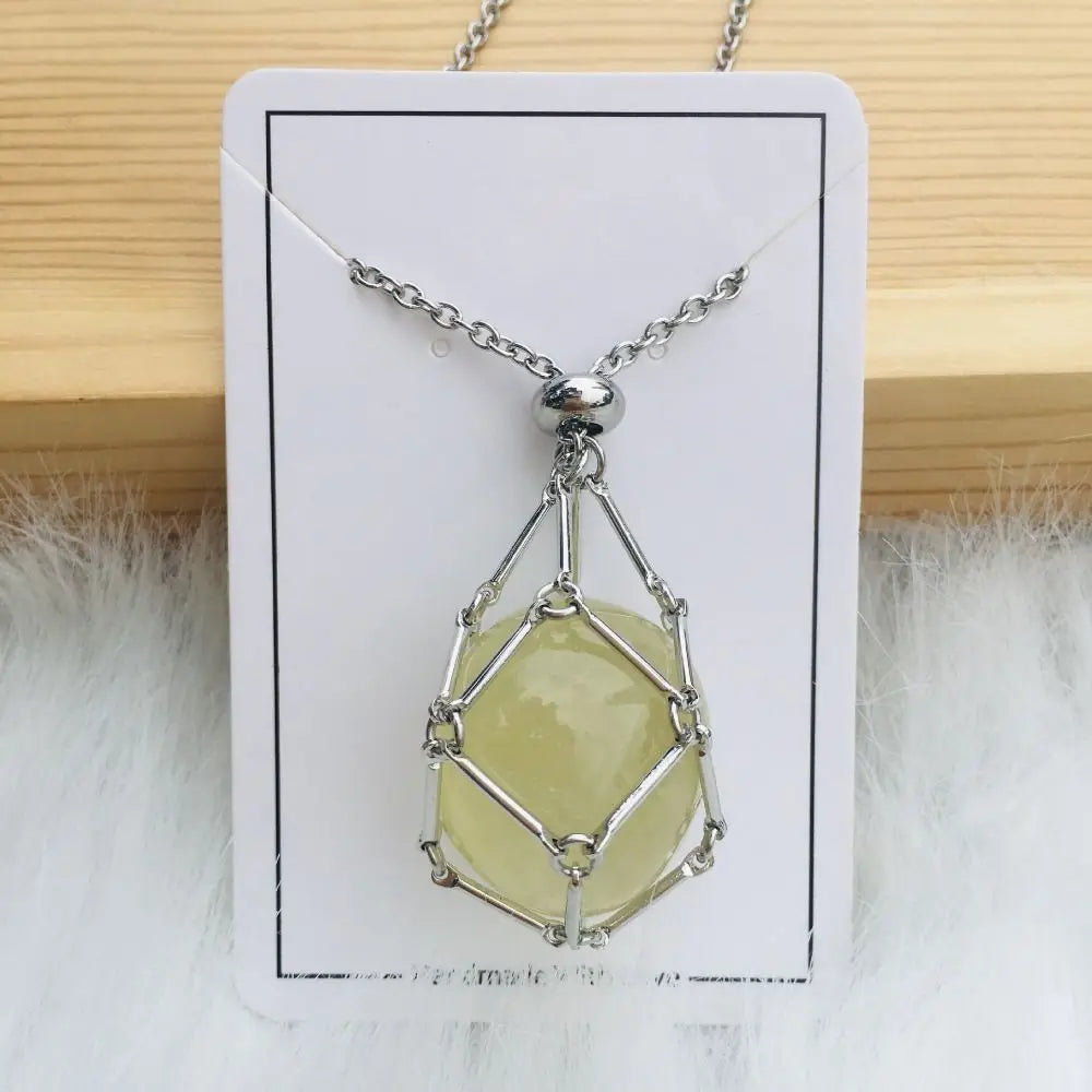 Crystal Holder Cage Necklace with Crystal Stone Interchangeable Adjustable Crystal Net Metal Necklace for Women Silver Citrine