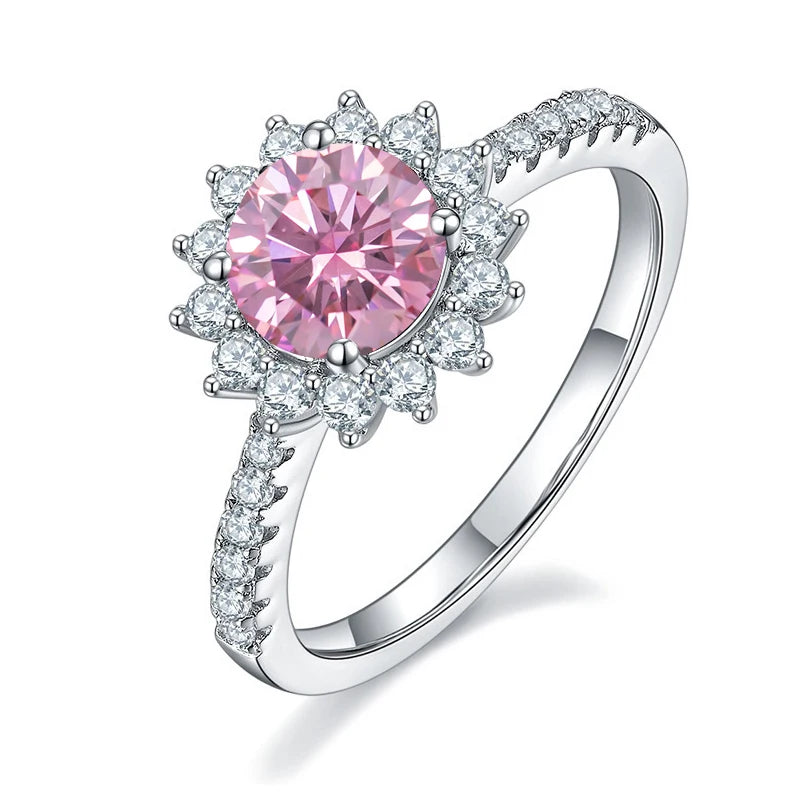 GEM'S BALLET 925 Sterling Silver Moissanite Ring 1ct 2ct 3ct Blue Pink VVS1 Moissanite Sun Flower Engagement Rings For Women 2.0Ct 8.0mm Pink