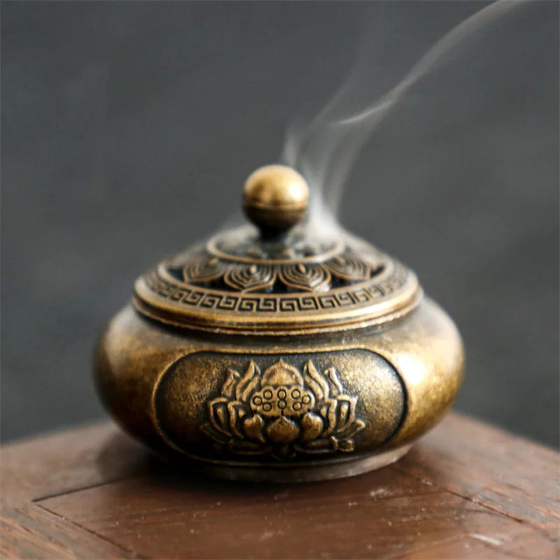 Retro Copper Lotus Pocket Hollow Out Incense Sticks Burner Brass Incense Holder With Cover Sandalwood Cense Buddhism Home Decor