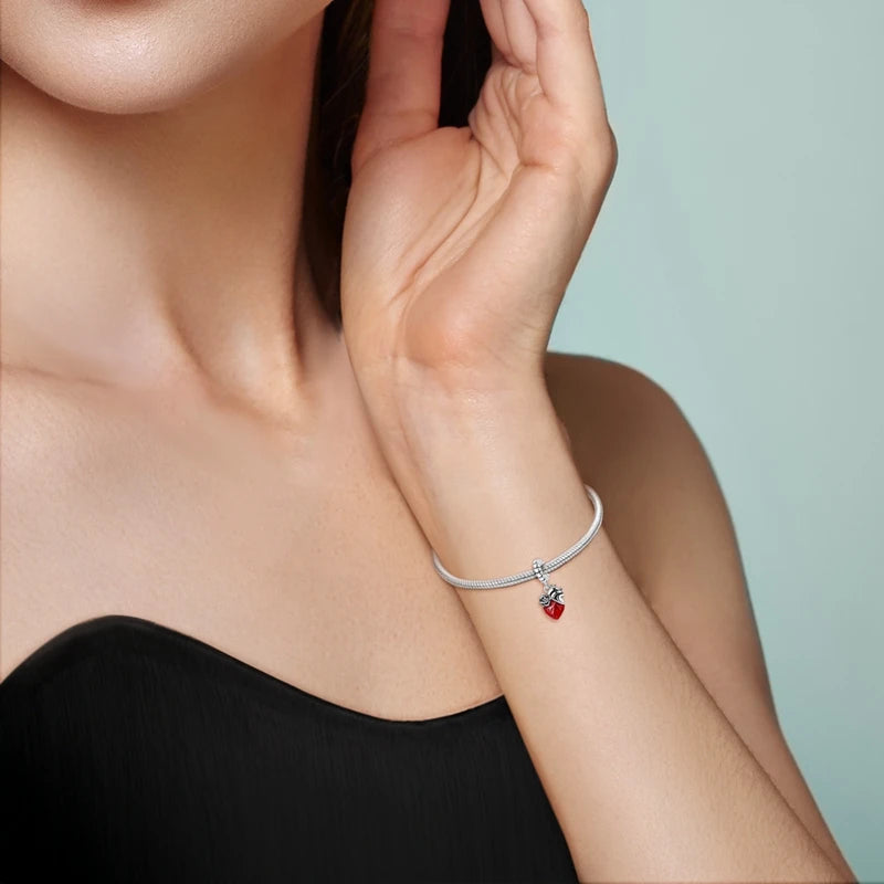 Heart & Organ Charm 925 Sterling Silver Red Rose Skull Dangle Pendant Dark Aesthetic Fit Bangle Bracelet Necklace DIY Jewelry