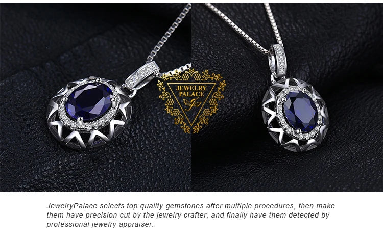 JewelryPalace Oval Cut Created Blue Sapphire 925 Sterling Silver Pendant Necklace Hollow Gemstones Women Necklace Without Chain