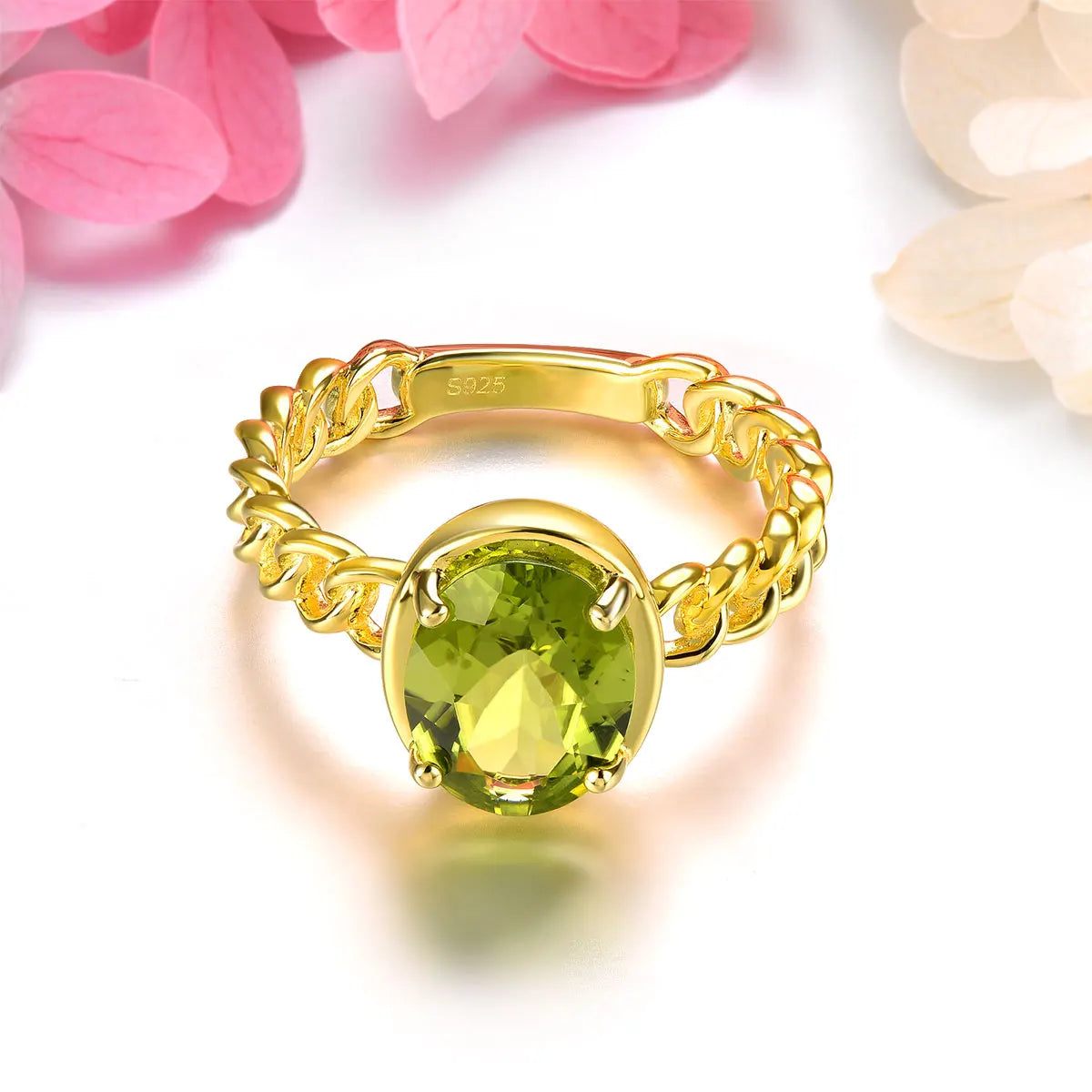 Natural Peridot Silver Rings 2.6 Carats Genuine Birthstone Yellow Gold Plated Women Classic Luxury Wedding Rings Top Quality