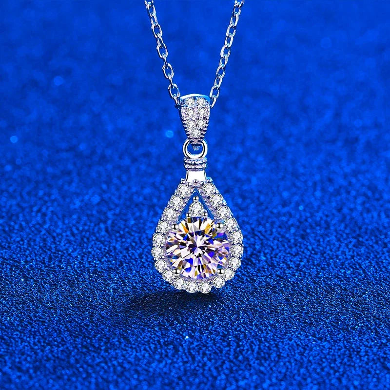 2CT Moissanite Halo Pendant Necklaces for Women Sterling Silver Accents Excellent Cut Lab Diamond Teardrop Necklace Fine Jewelry