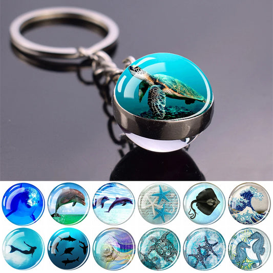 Blue Sea Keychain Marine Organisms Cute Key Chain Double Sided Glass Ball Pendant Dolphins Turtles Starfish Keyring Jewelry Gift