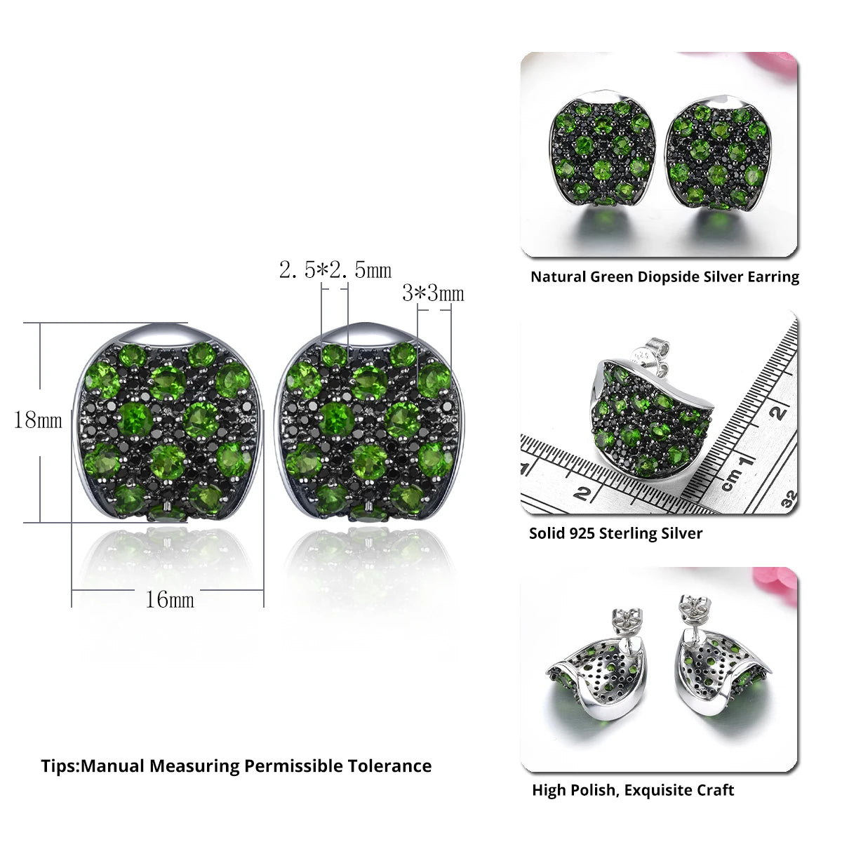 Natural Diopside Black Spinel Solid Sterling Silver S925 Stud Earring 4.8 Carats Gemstone Design Women Annviersary Gifts