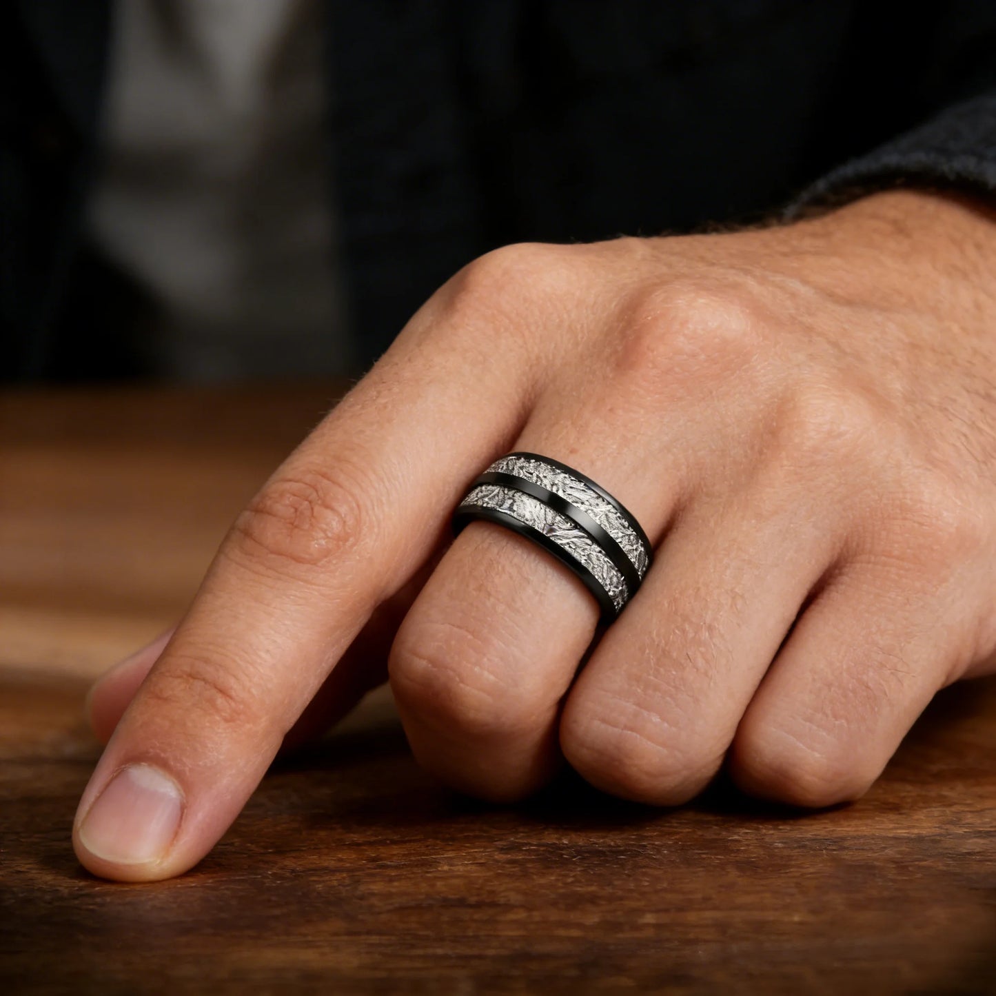 Fashion 8mm Black Color Stainless Steel Rings for Men Double Groove Meteorite Inlay Dome Men Finger Ring Wedding Band Jewelry