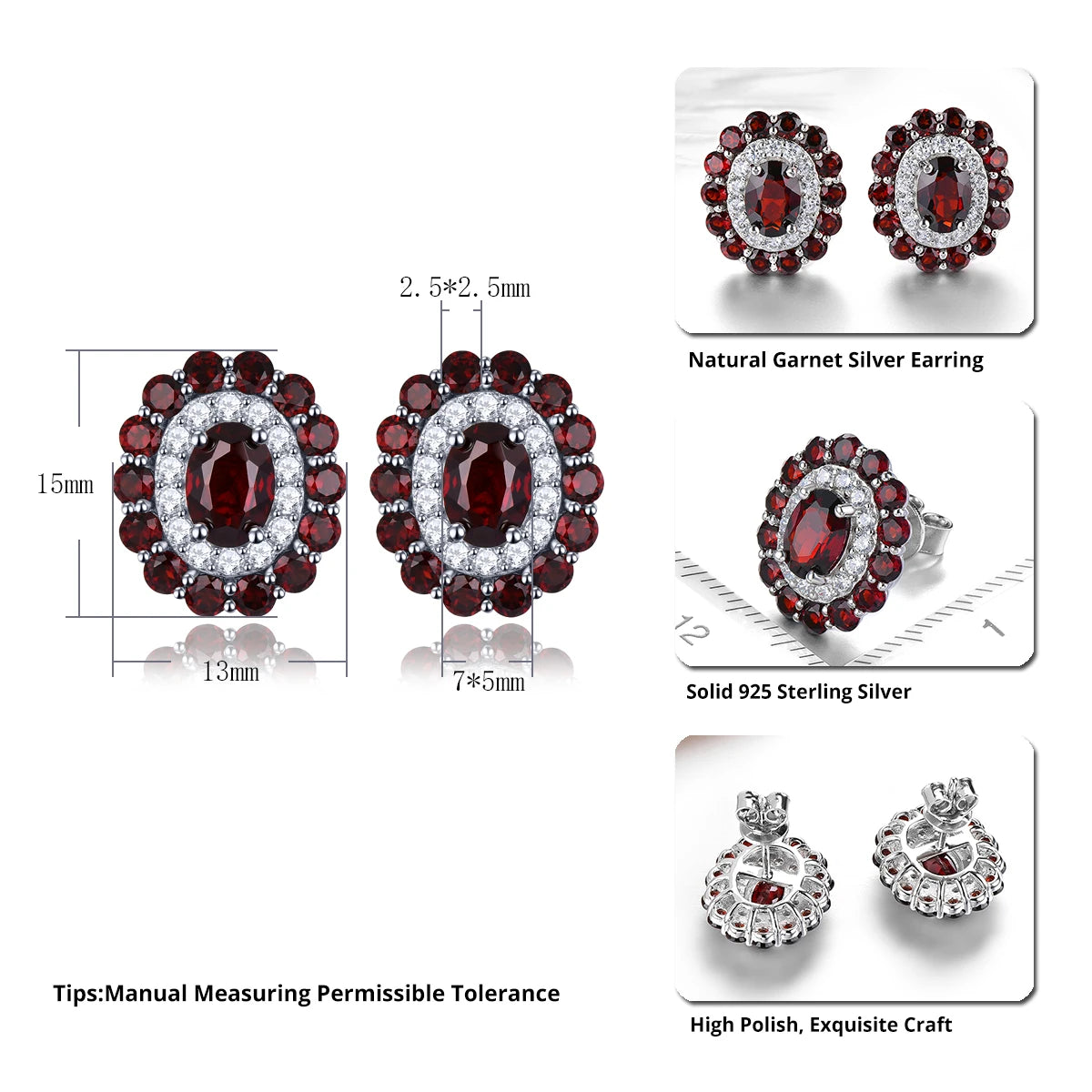 Natural Red Garnet Sterling Silver Stud Earring 5.5 Carats Genuine Gemstone S925 Fine Jewelry Classic Romantic Christmas Gifts