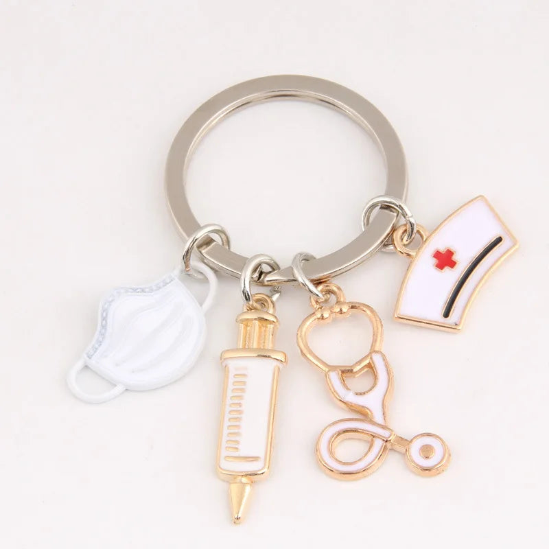 Medical Tool Doctor Keychain Heartbeat Stethoscope Syringe Nurse Cap Key Ring Nurse Gifts Handmade Jewelry Bag Ornaments Charm