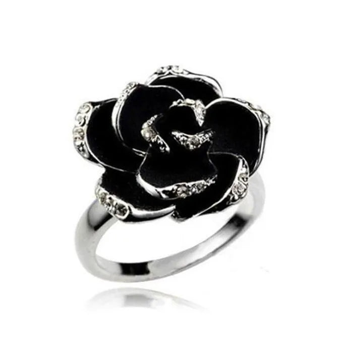 Hot Sale Fashion Jewelry Rings Black Rose Flower Opening Rings Index Finger Adjustable Rings For Woman Girls Gift Silver resizable