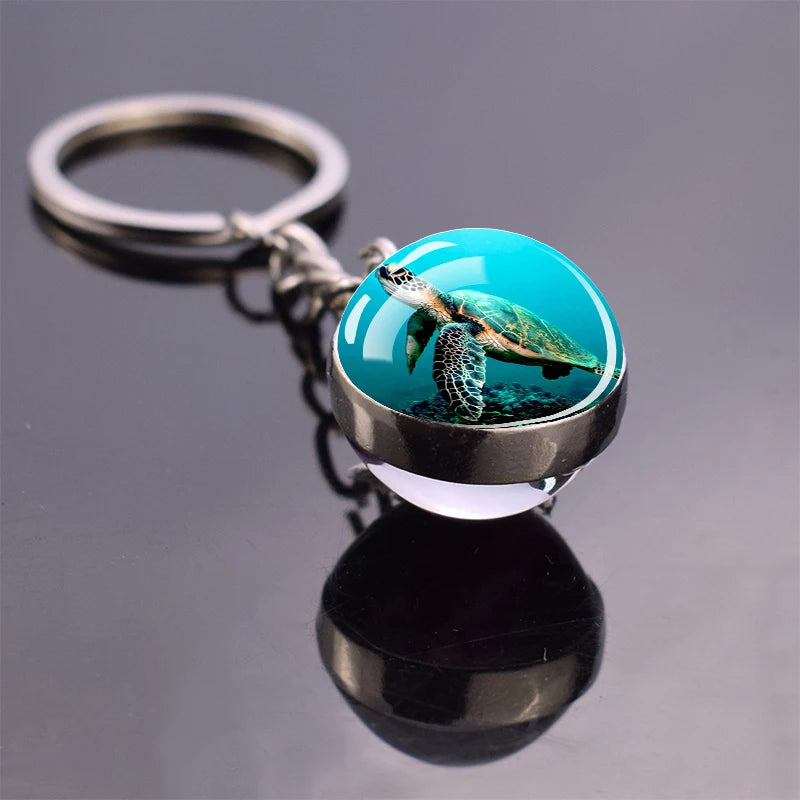 Blue Sea Keychain Marine Organisms Cute Key Chain Double Sided Glass Ball Pendant Dolphins Turtles Starfish Keyring Jewelry Gift As show 12
