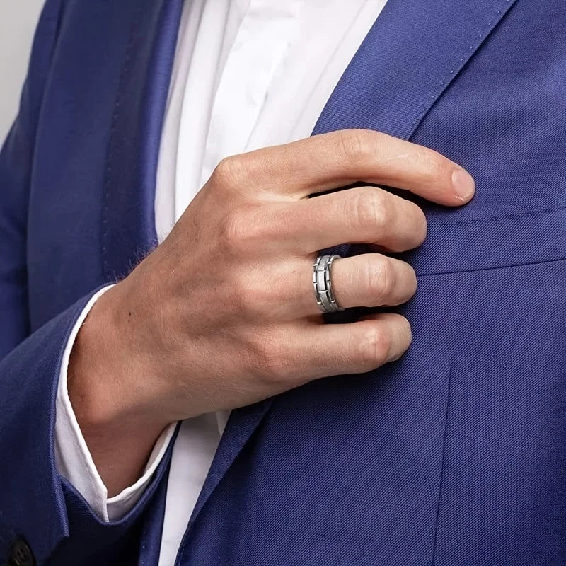 Fashion 8mm Brick Pattern Stainless Steel Rings For Men Black Brushed Double Groove Men Engagement Rings Wedding Band Jewelry