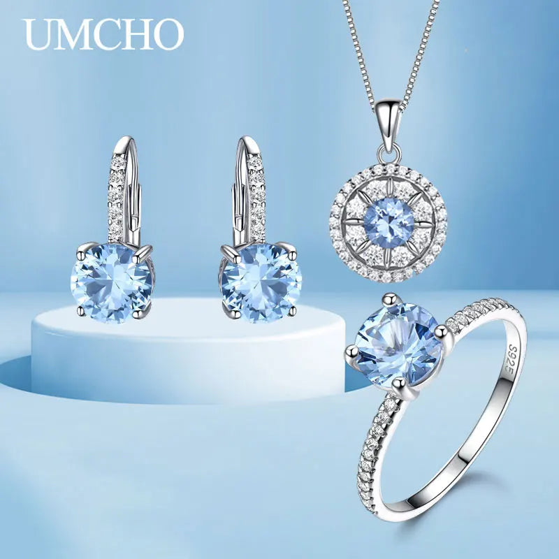 UMCHO Created Nano Sky Blue Topaz 925 Sterling Sliver Elegant Women's sets for Birthday Gift Engagement New jewelry 2024