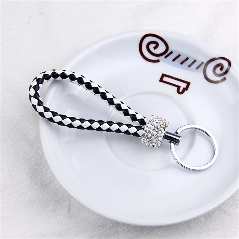 Fashion PU Leather Woven Keychain Glitter Rhinestones Braided Rope Keyring For Men Women Car Key Holder Charms Accessories Gifts E CHINA