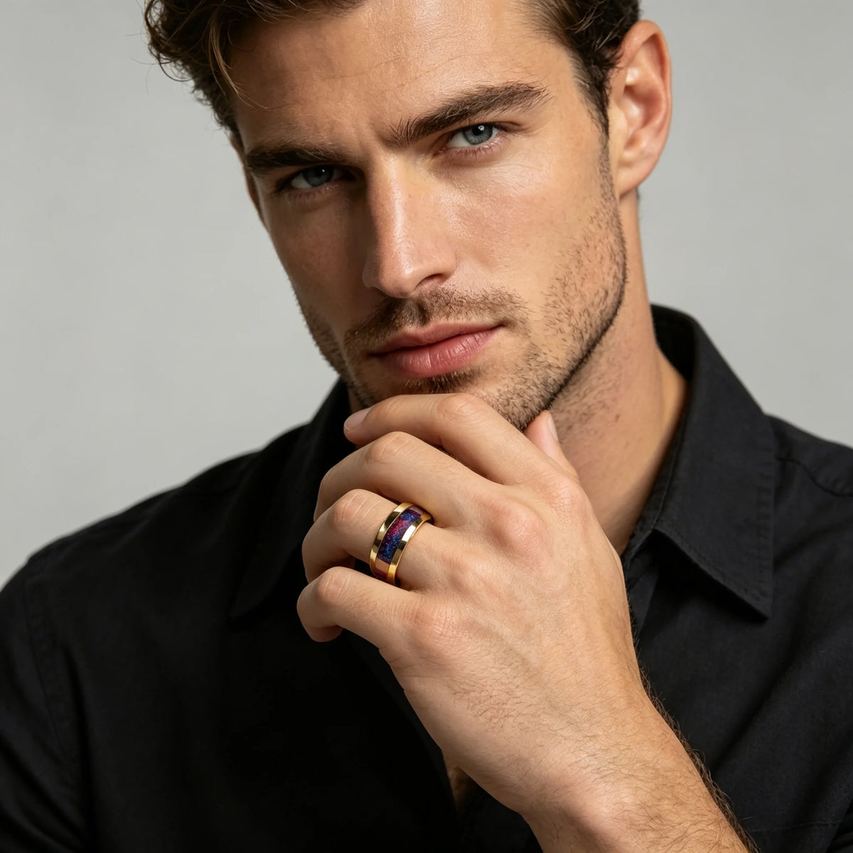 With Purple Red Starry Sky Pattern Rings, 8mm Cosmic Starry Sky Stainless Steel Men Ring, Wedding Band Jewelry Drop Ship