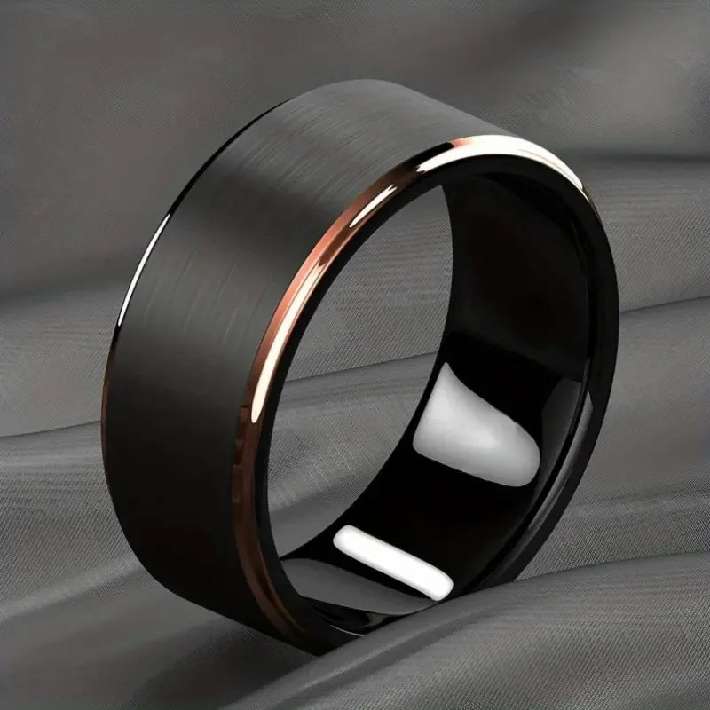 Fashion 8mm Black Brushed Stainless Steel Rings for Men Rose Gold Color Step Edge Men Promise Rings Wedding Party Jewelry Gifts