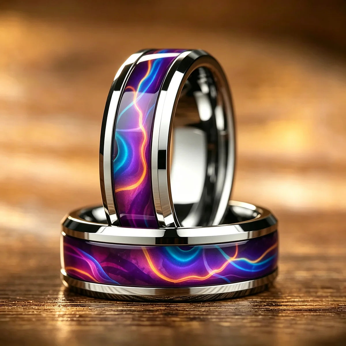 Fashion Men Stainless Steel Rings, With Purple-Blue Gradient Flame Pattern Inlay Rings for Men Wedding Bands Jewelry Drop Ship