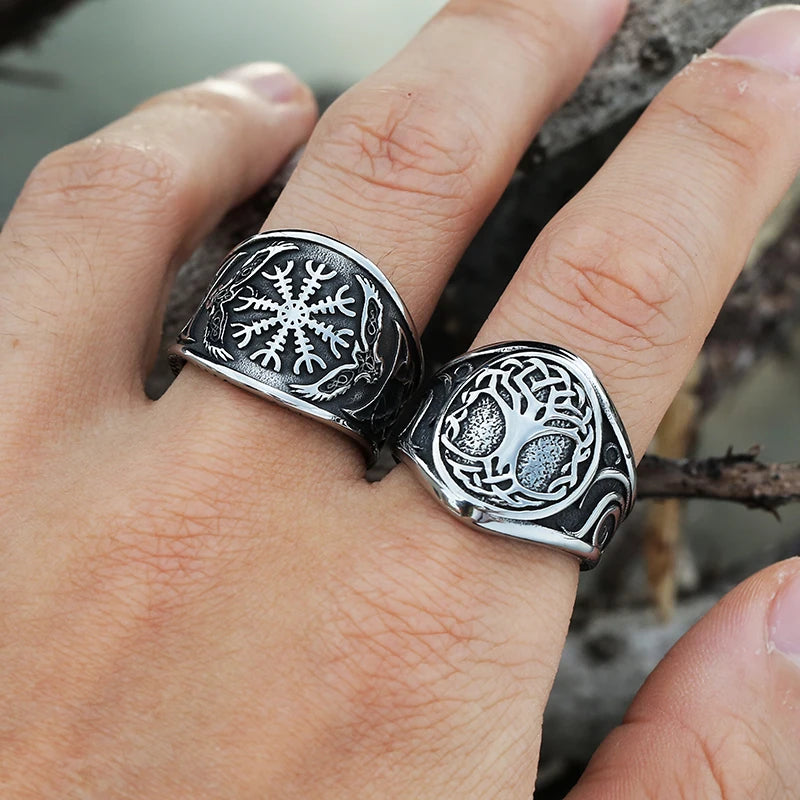 Nordic Viking Stainless Steel Ring Compass Tree of Life Viking Rune Wolf Men and Women Ring Jewelry Factory Wholesale