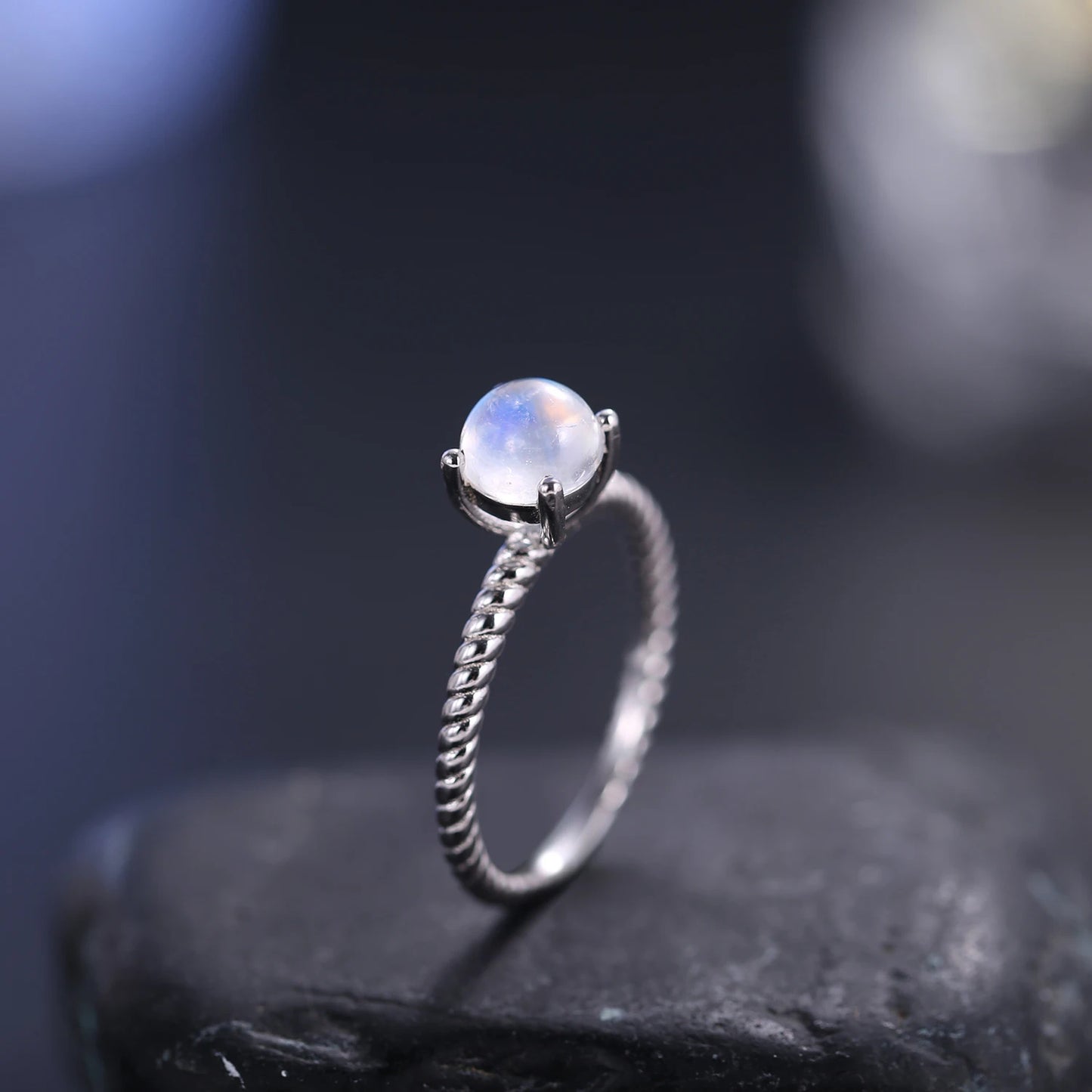 GEM'S BALLET Moonstone Jewellery Textured Milky Blue Moonstone Ring in 925 Sterling Silver, Stylish Gemstone Ring Gift for Her