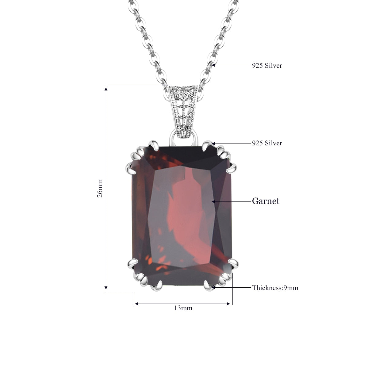100% Real 925 Sterling Silver Fine Jewelry Necklace Square Garnet Classic Slide Pendants For Women Accessories Silver 925 Gifts