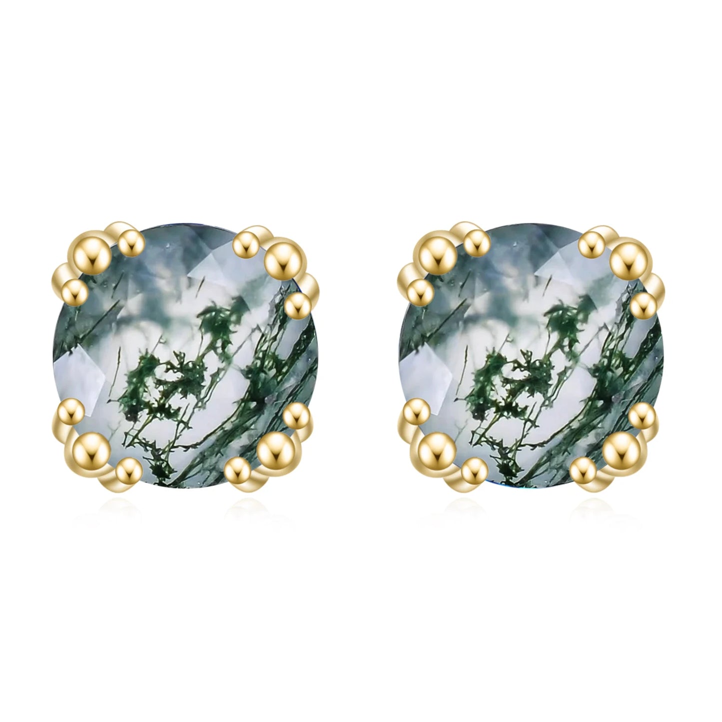GEM'S BALLET Unique 1.0Ct 6mm Round Cut Moss Agate Claw Prongs Studs Earrings in 925 Sterling Silver Women's Wedding Earrings Moss Agate-G 925 Sterling Silver CHINA