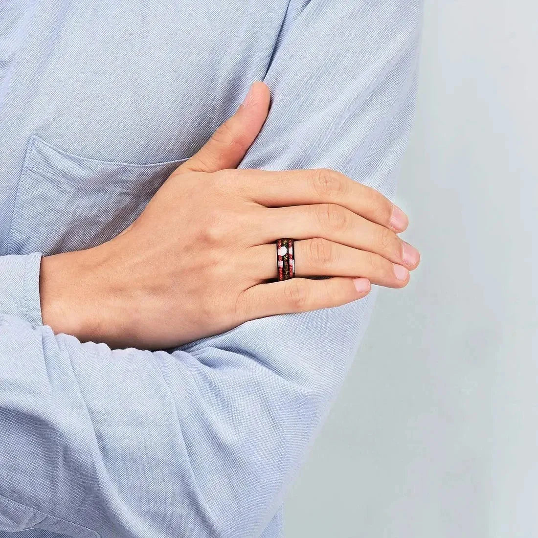 Fashion Colorful Abalone Shell and Red Meteorite Inlay Rings, 8mm Black Stainless Steel Rings for Men, Men Wedding Party Jewelry