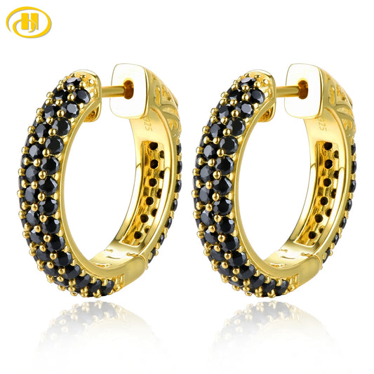 Natural Black Spinel Silver Hoop Earring S925 Yellow Gold Plated 5 Carats Genuine Spinel Classic Original Style Top Quality