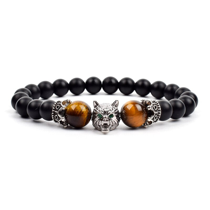 Wolf Charm Bracelets Men Natural Black Agates Onyx Stone Bracelet Brave Blue Tiger Eye Elastic 8 mm Beads Jewelry Beaded Pulsera Yellow tiger eye 6