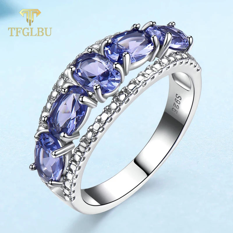 TFGLBU Sparking Blue Oval Nano Tanzanite Solid 925 Silver Ring for Women Original Party Stackable Band Christmas Gift Jewelry