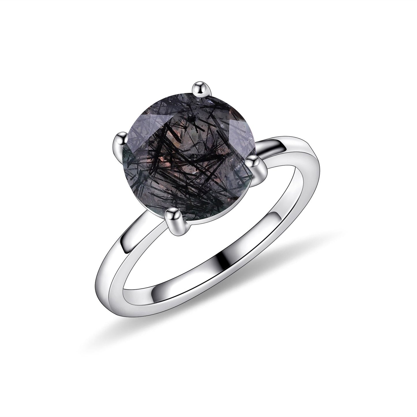 GEM'S BALLET 925 Sterling Silver Gemstone Ring Round Black Rutilated Quartz Four Prong Solitaire Engagement Rings Gift For Her China Rutilated Quartz - S|9mm