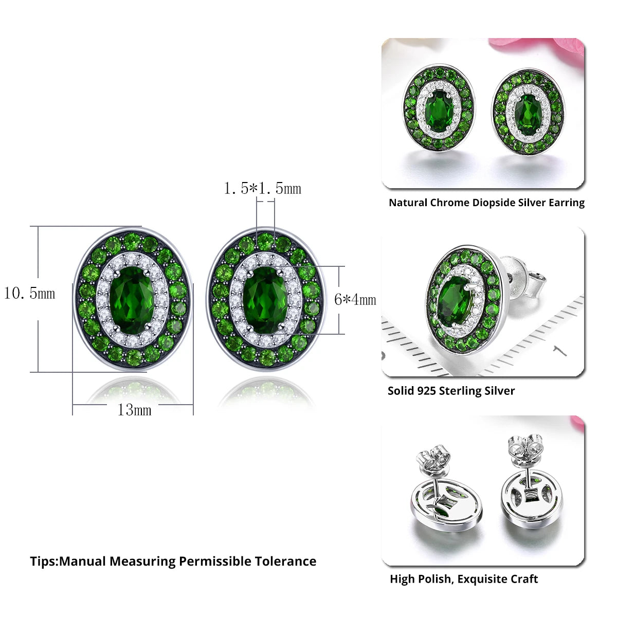 Natural Chrome Diopside Sterling Silver Stud Earring 2.2 Carats Gemstone Original Design Women Classic Elegant Jewelry Style