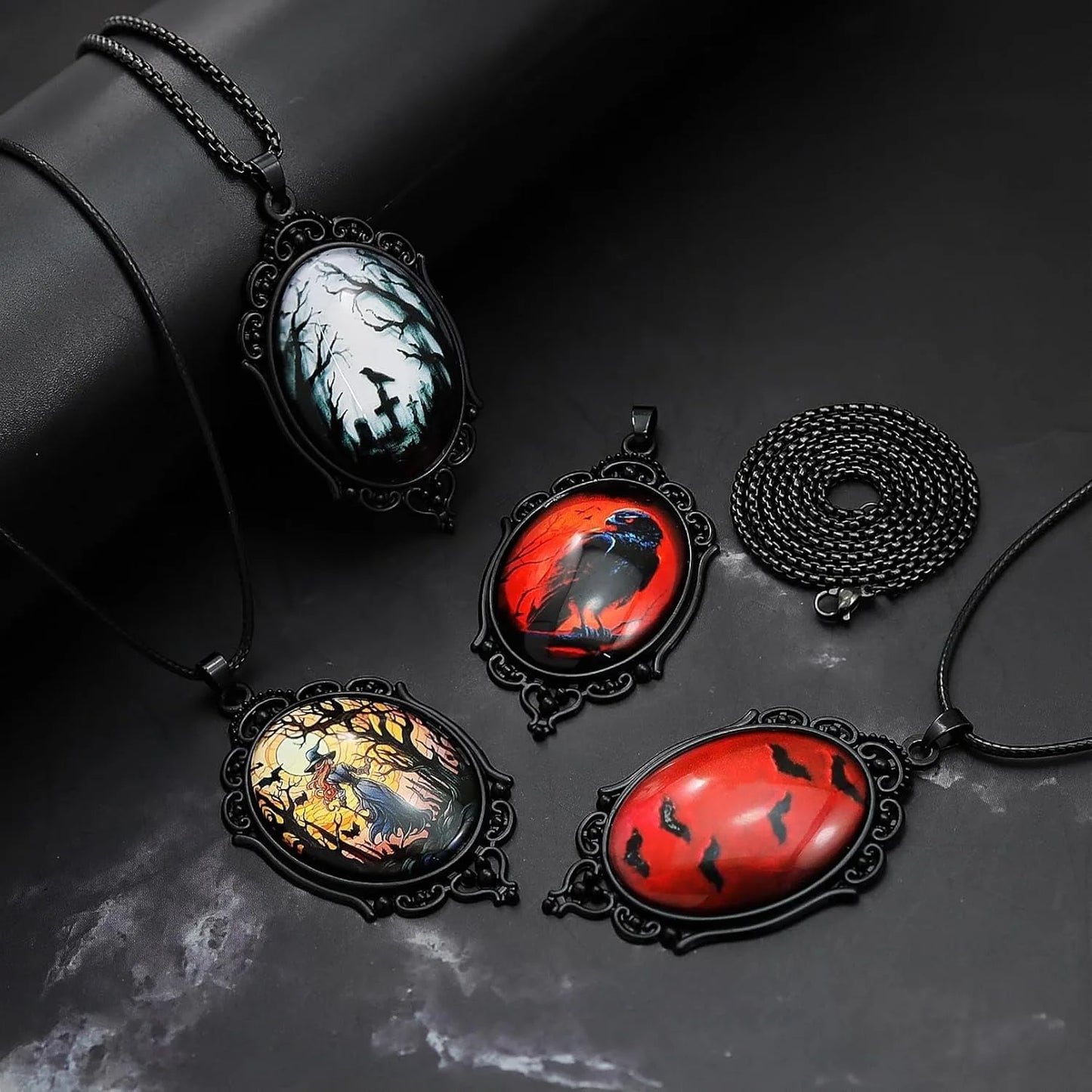 Gothic Raven Cross Glass Pendant Necklace Vintage Rope Chain Crow Choker Mystic Witch Jewelry Gift Accessories for Women Men