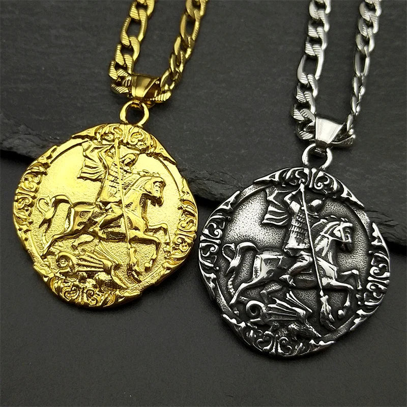 Saint George PROTECT US Christian Stainless Steel Pendant Necklace for Women Men Gold Color St. George Necklace Chain Jewelry